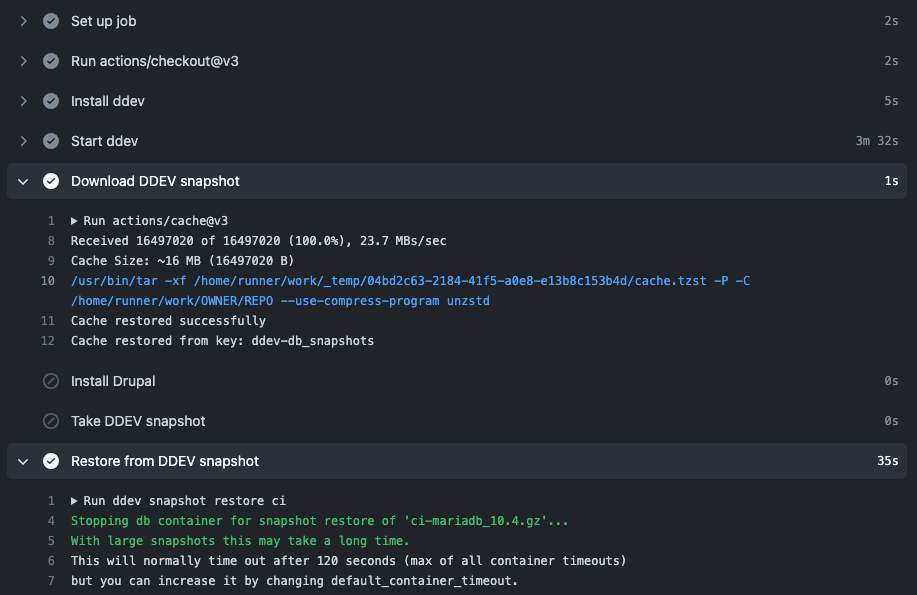 Using DDEV snapshots to speed up GitHub Actions workflows Drupal Sun